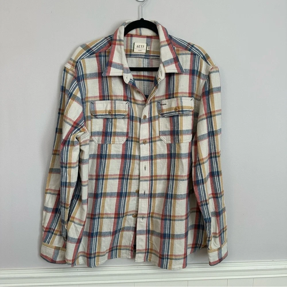 Ae77 American Eagle Men’s Long Sleeve Cream Plaid Button Up Shirt Sz L NWT